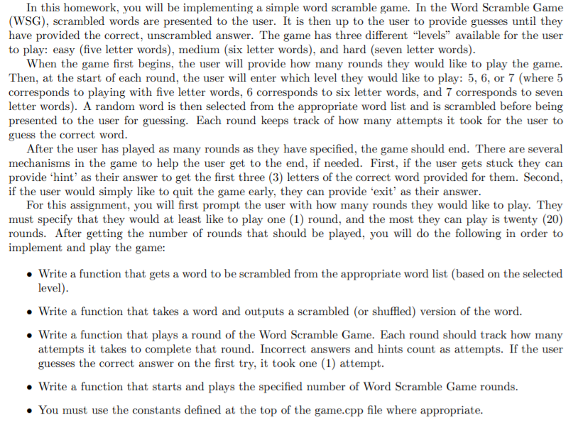In this homework, you will be implementing a simple word scramble