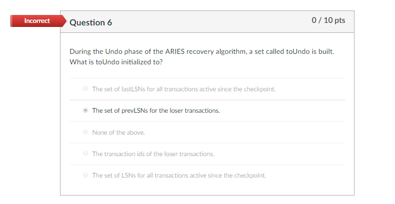 Incorrect Question 6 0 10 pts During the Undo phase of