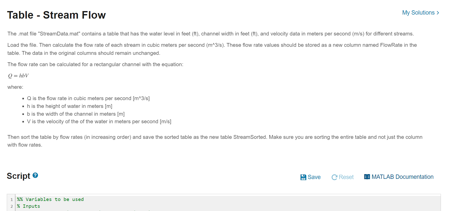  Table - Stream Flow The .mat file "StreamData.mat" contains a table