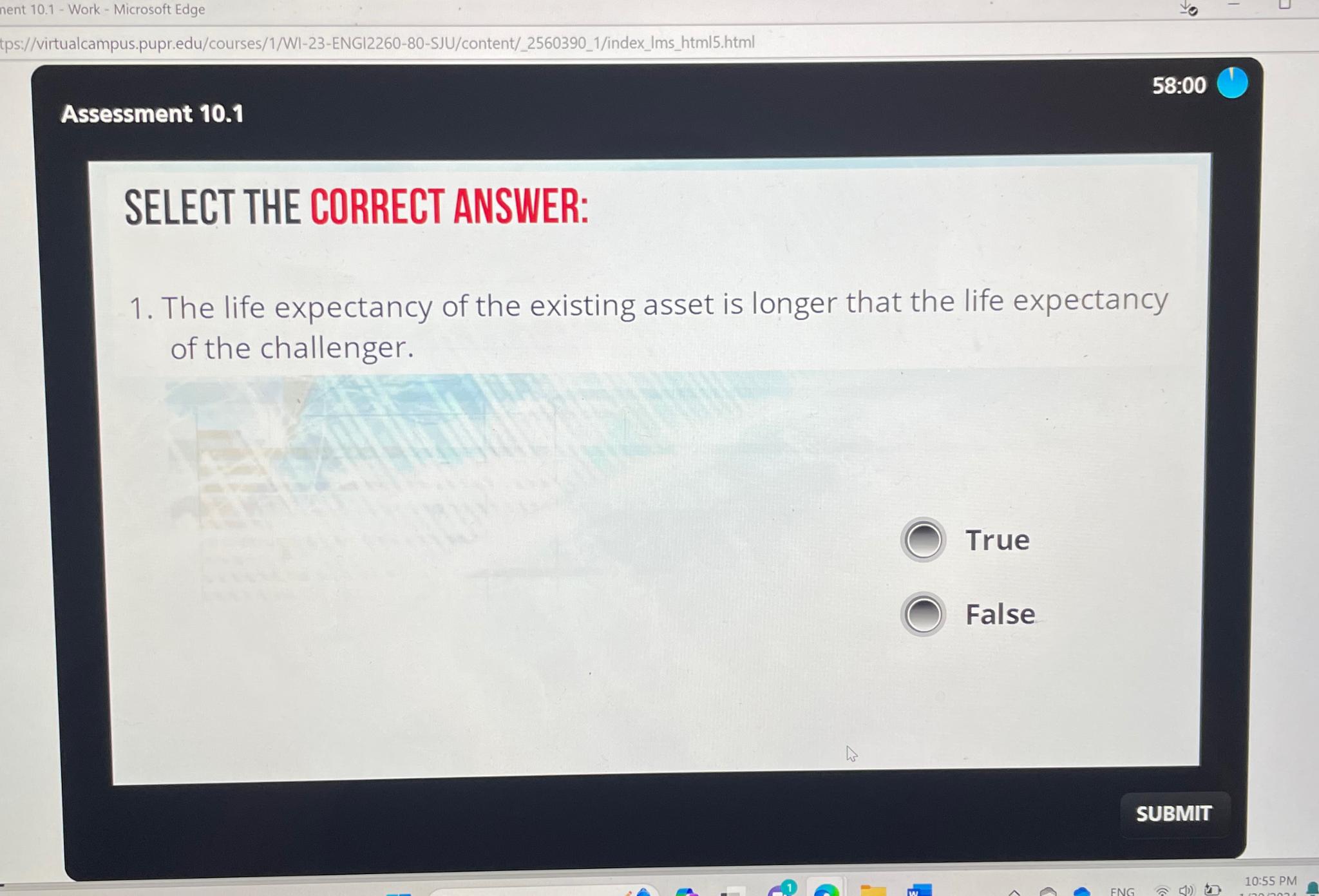  nent 10.1- Work - Microsoft Edge tps://virtualcampus.pupr.edu/courses/1/WI-23-ENGI2260-80-SJU/content/_2560390_1/index_Ims_html5.html Assessment 10.1 58:00 SELECT