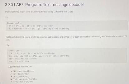  3.30 LAB* Program: Text message decoder Cylice city to get inte