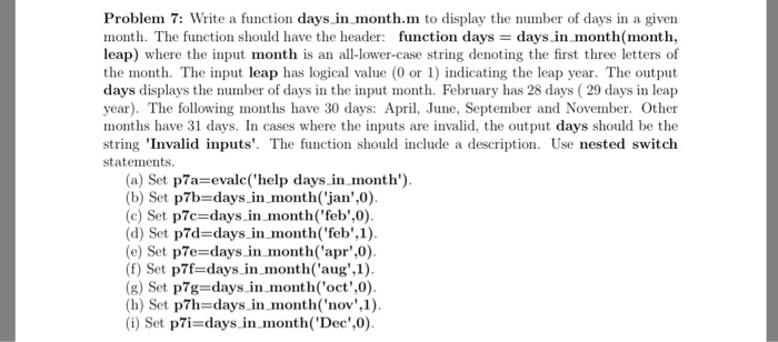  MATLAB Problem 7: Write a function days in month.m to display