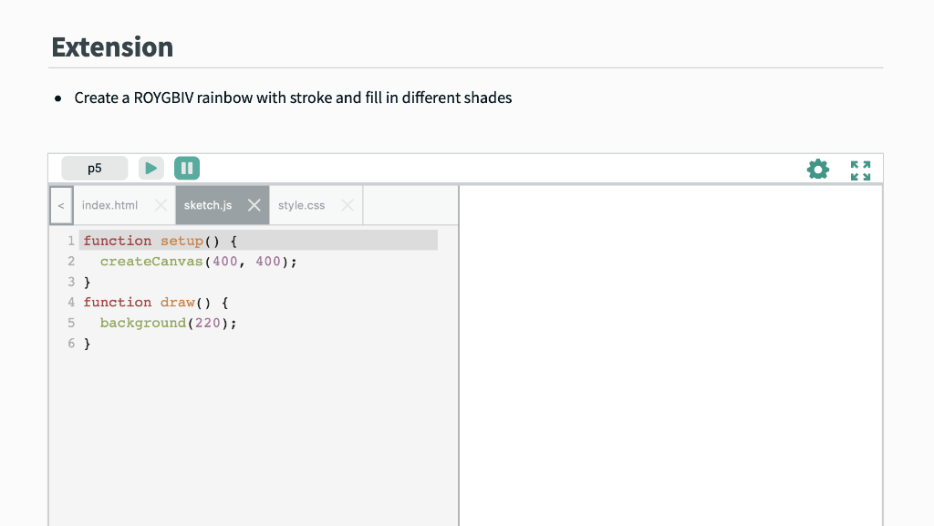 code in peblio Extension . Create a ROYGBIV rainbow with stroke