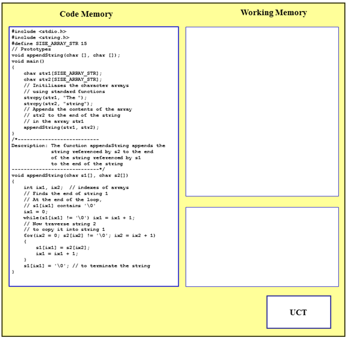 the indicated C program composed of two functions, main and appendString (this