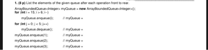  1. (8 p) List the elements of the given queue after