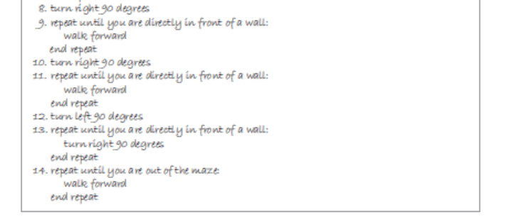 1. walik into the maze 2. tian left go degrees 3. repeat