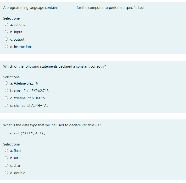  plz help me i have quiz now A programming language contains