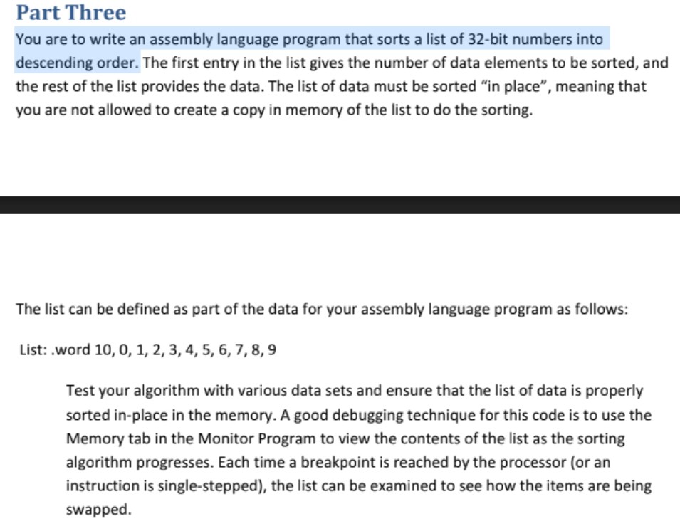 Part Three You are to write an assembly language program that