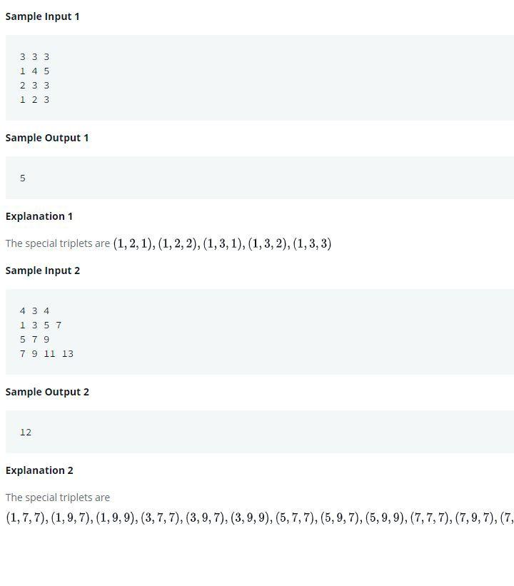 a, b, c of different sizes, find the number of distinct triplets