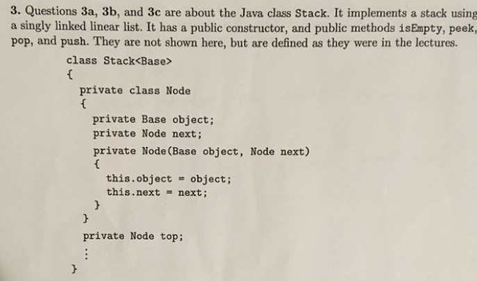  3. Questions 3a, 3b, and 3c are about the Java class