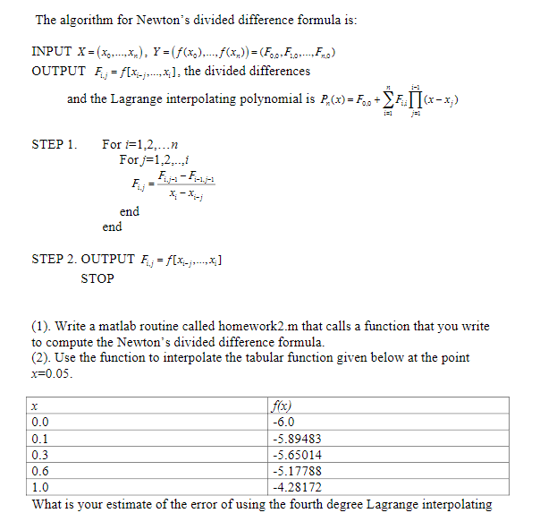  The algorithm for Newton's divided difference formula is: INPUT X =