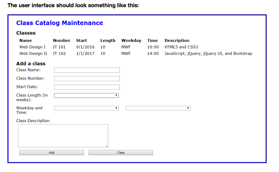 Class catalog application - please create 3 separate files (Javascript, HTML5 and
