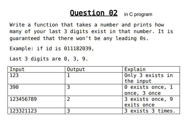 Question 02 02 in C program Write a function that takes