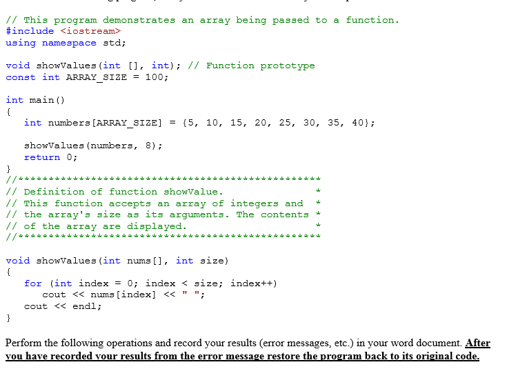  // This program demonstrates an array being passed to a function.