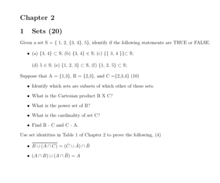  Chapter 2 1 Sets (20) Given a set s- 12, 3,4),