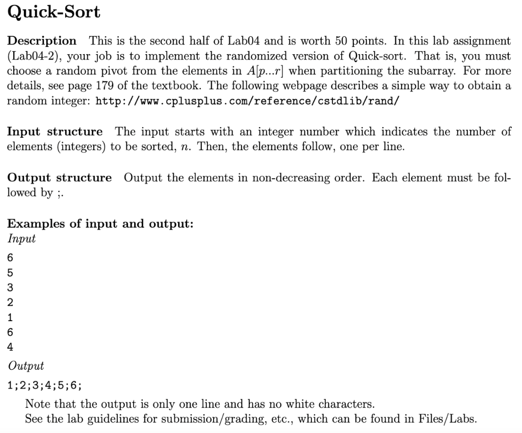  help with quick-sort in C++ Description This is the second half
