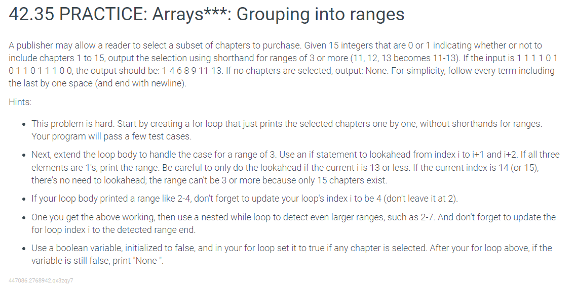 In JAVA Please, thanks. 42.35 PRACTICE: Arrays : Grouping into ranges A