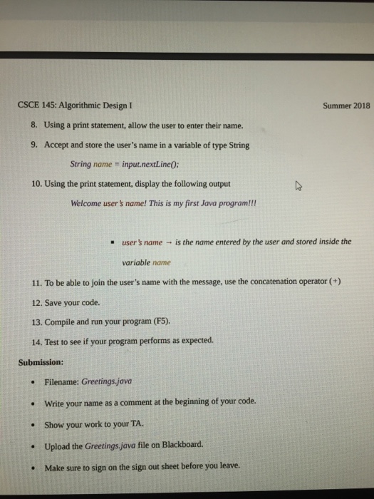 by end of class @12:05 pm on Thursday, 7h June 2018) Task: