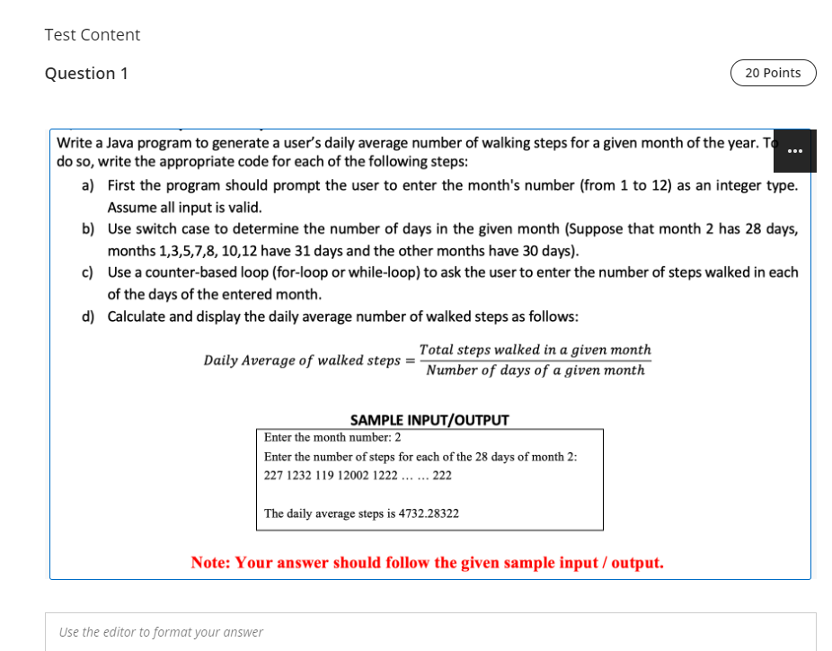 a Java program to generate a user's daily average number of walking