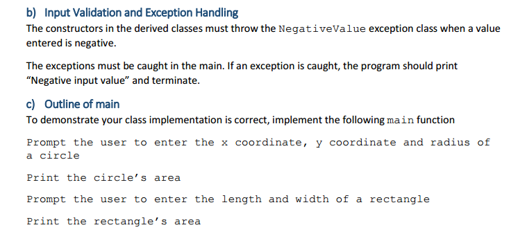 that has a private member variable: double area a public exception class: