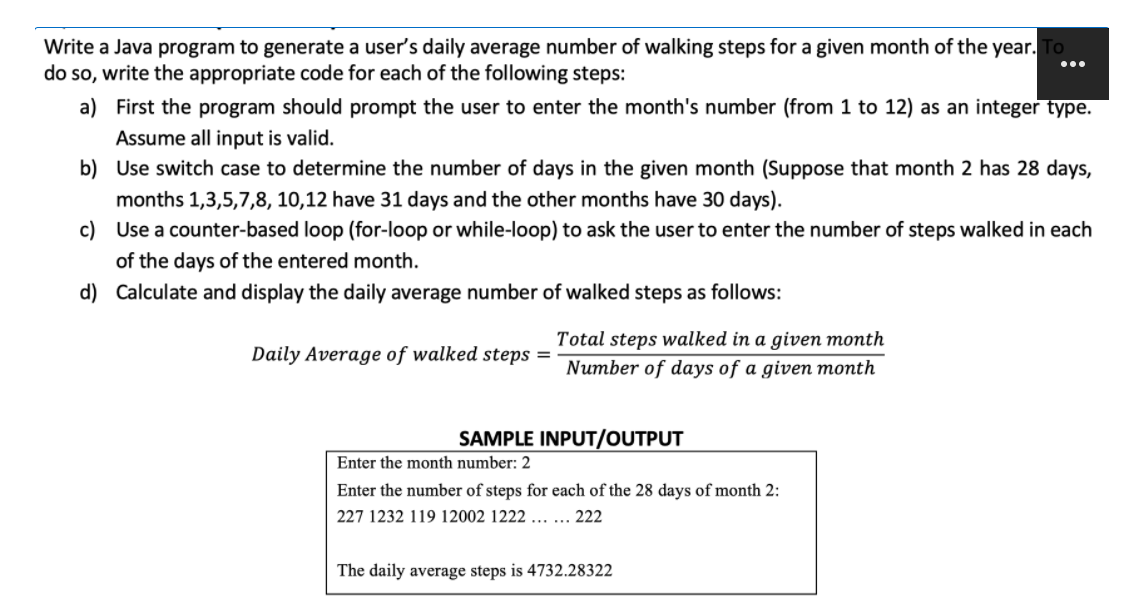 user's daily average number of walking steps for a given month of