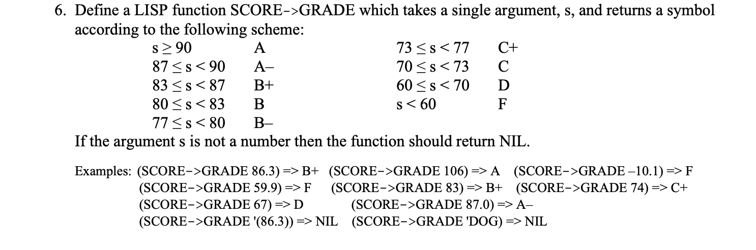 6. Define a LISP function SCORE->GRADE which takes a single argument,
