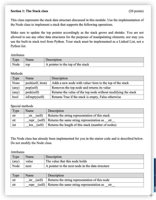 Section 1: The Stack class (20 points) This class represents the