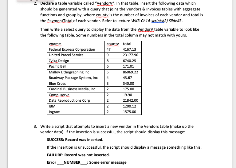  2. Declare a table variable called "VendorV". In that table, insert