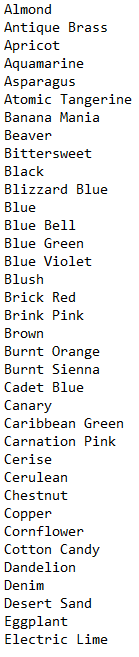 The data given starts in alphabetical order. 33. Crayon Colors The file