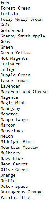 colors .txt contains the names (beginning with uppercase letters) of 123 crayon