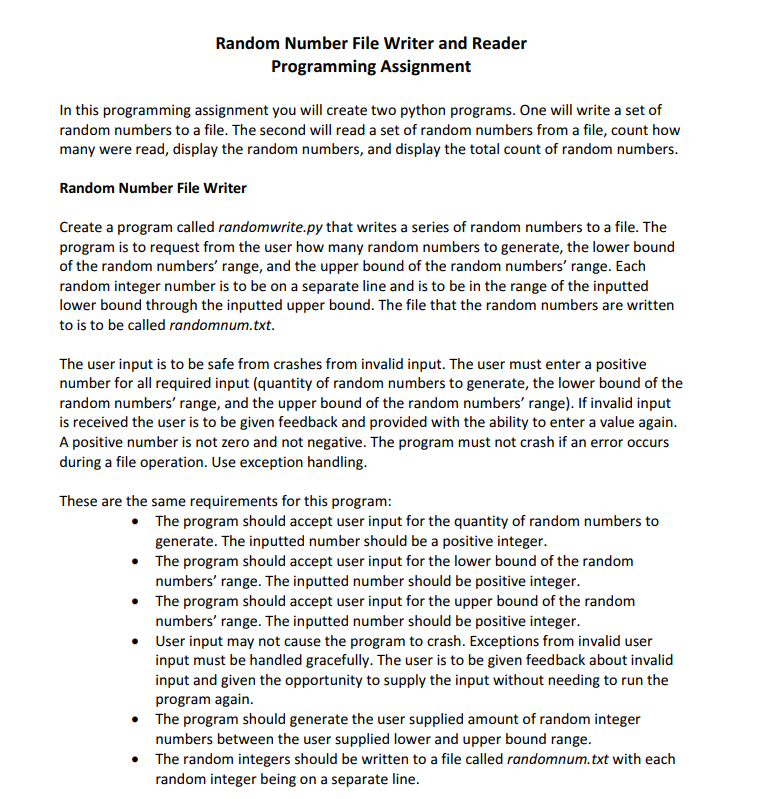 Please help me with this python assignment Random Number File Writer and
