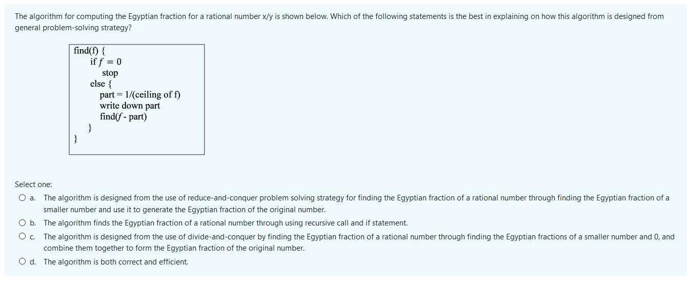  The algorithm for computing the Egyptian fraction for a rational number