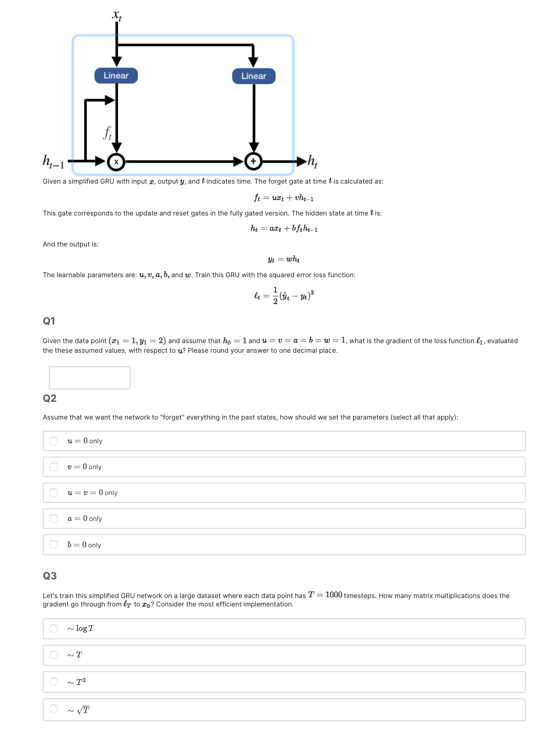  Given a simplified GRU with input x, output y, and t