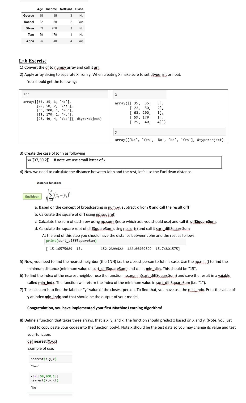  Machine learning and numpy in python excersize Age Income NofCard Class
