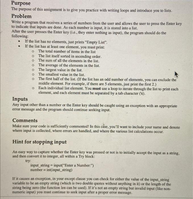 in python The purpose of this assignment is to give you practice