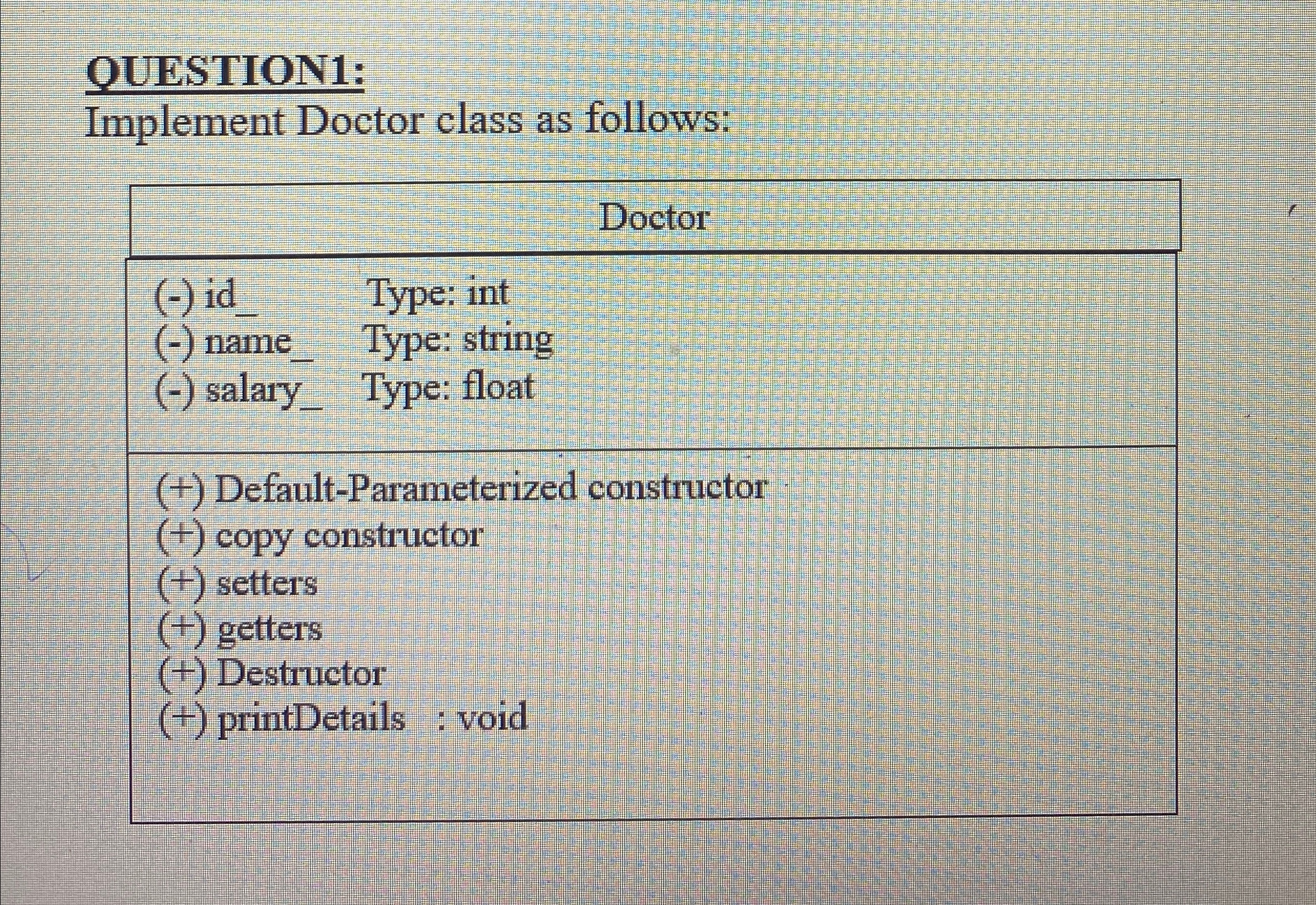  QUESTION1: Implement Doctor class as follows: \table[[,Doctor],[\table[[(-) id_,Type: int],[(-) name__,Type: string],[(-)