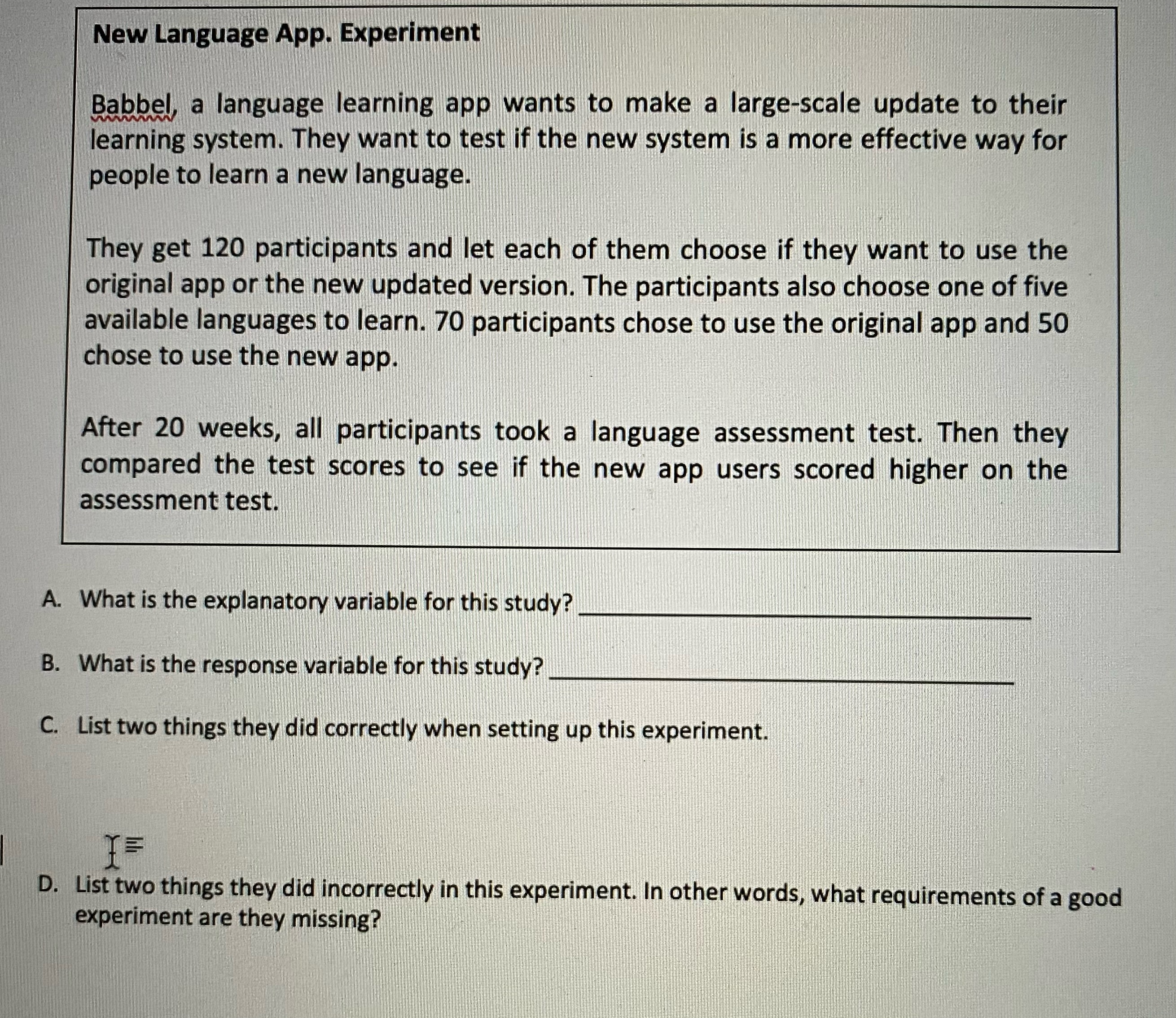  New Language App. Experiment Babbel, a language learning app wants to