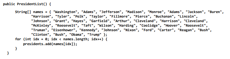 ArrayList collection. Below is a list of the US Presidents (last name