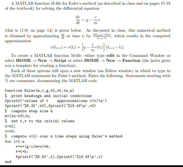  A MATLAB function M-file for Euler's method (as described in class