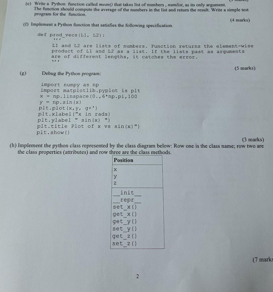  (e) Write a Python function called mean that takes list of
