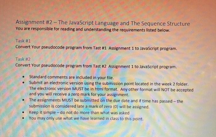  Assignment #2 - The JavaScript Language and The Sequence Structure You