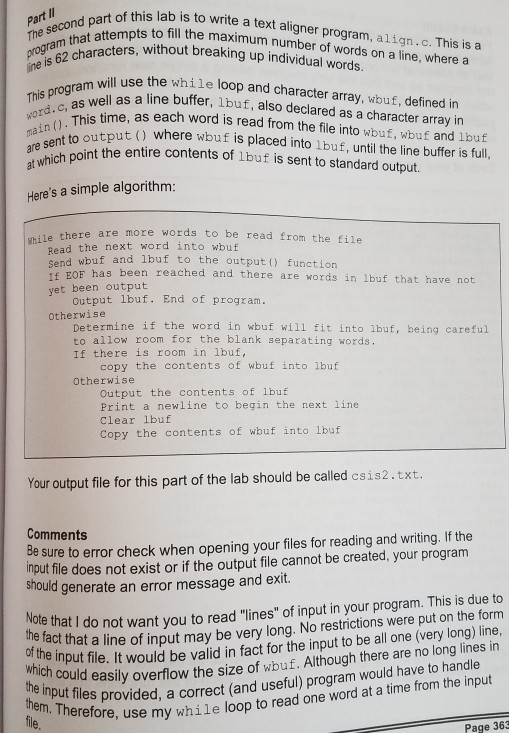 a program, word.c, which rea file, getty.txt, and displays each word on