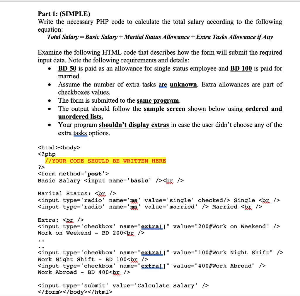  Part 1: (SIMPLE) Write the necessary PHP code to calculate the