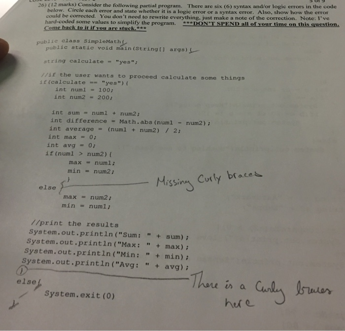  26) (12 marks) Consider the following partial program. There are six