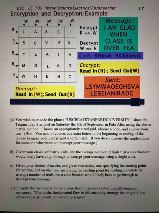  USC EE 105 Introductionto Electrical Engineering Encryption and Decryption: Example 17