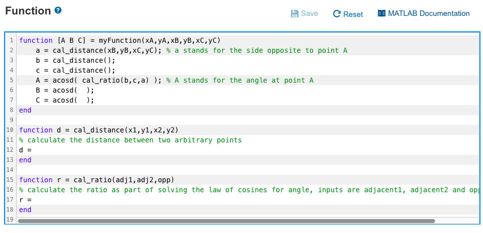 YA,XB,yB,XC,yC) which accepts three points' coordinates on the plane (utilizing local functions)