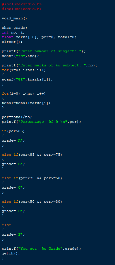 please help getting this running \ #include #include void main() { char_grade;