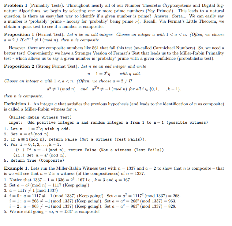  Please include code (preferably in python) Problem 1 (Primality Tests). Throughout