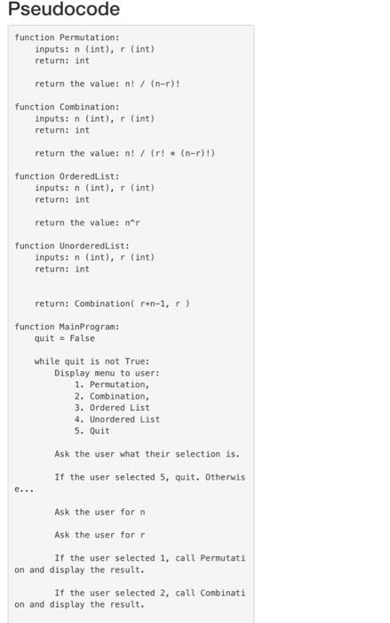 these should be implemented in a function that takes n and r