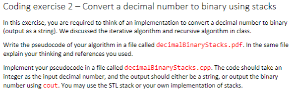 C++ Program Coding exercise 2 -Convert a decimal number to binary using